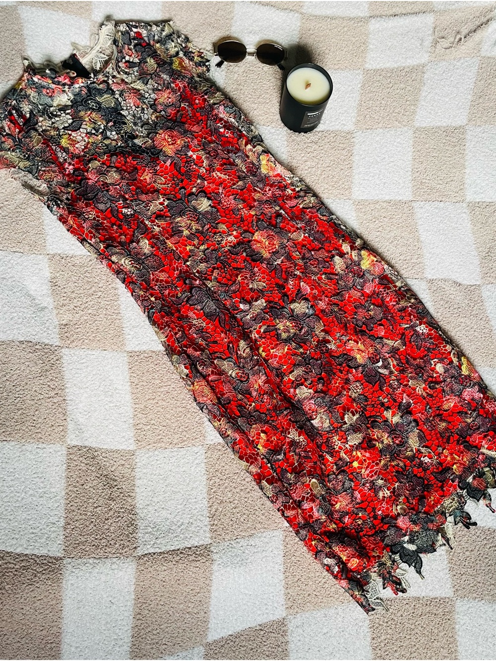 Red/Orange Floral Lace Midi Dress